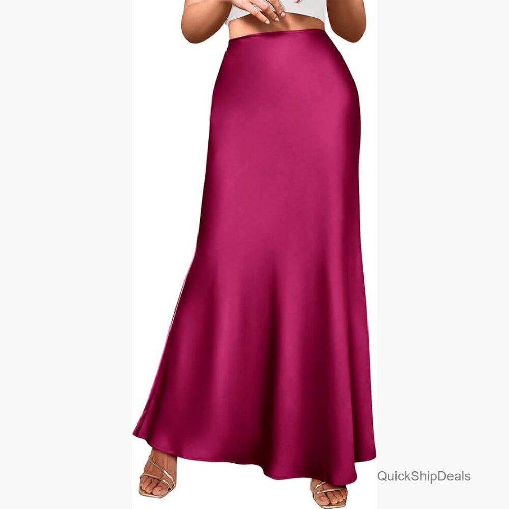 Mermaid Maxi Skirt, Elastic High Waist, Satin Fabric, Business Casual